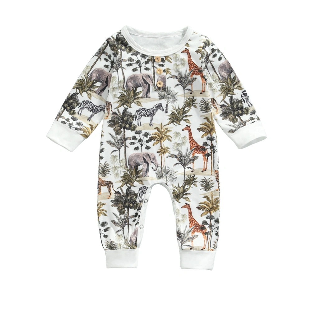 Baby Boy’s Forest Animals Printing Button Long Sleeve Jumpsuit