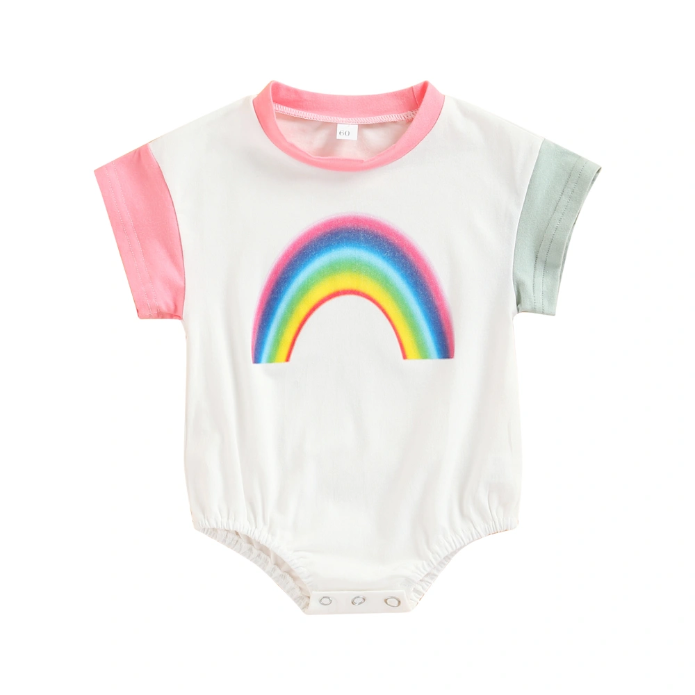 Baby Girl Short Sleeve Romper, Rainbow Printed Patchwork  Bodysuit