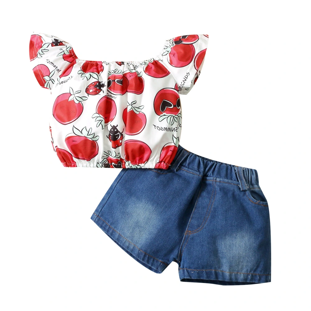 Kids Suit Set, Cherry Print Boat Neck Short Sleeve Tops+ Denim Shorts