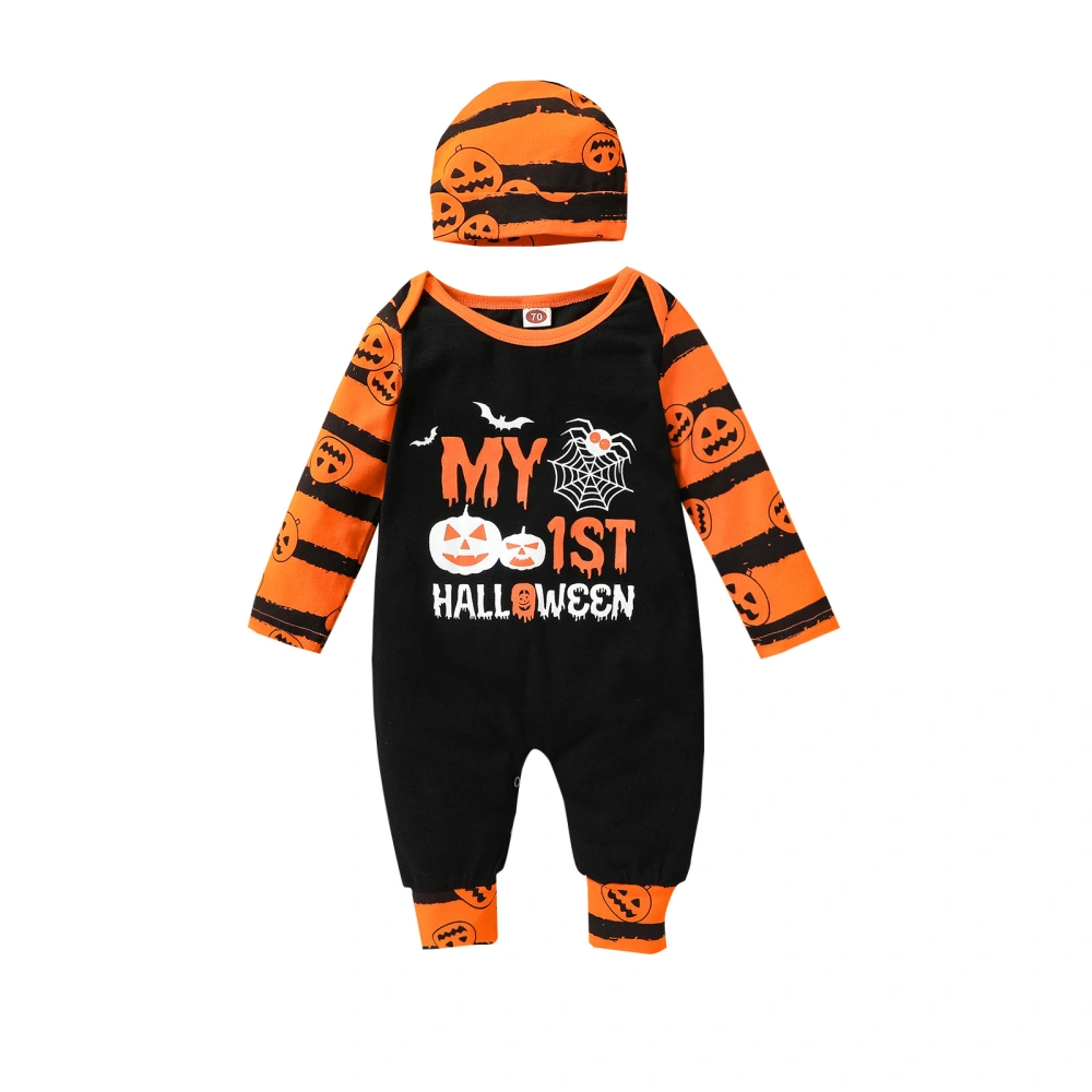 Halloween Pumpkin & Letter Print Long Sleeve Jumpsuit + Striped Cap