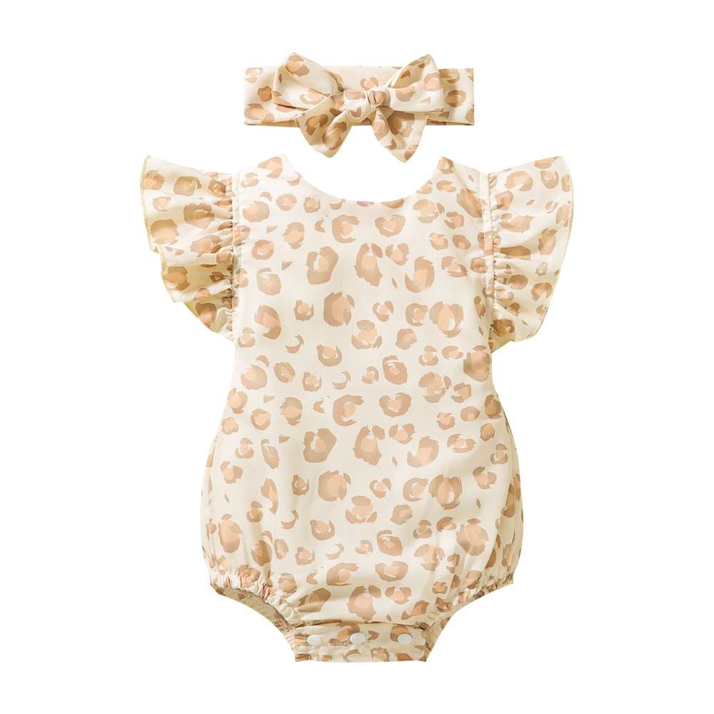 Backless Leopard Print Fly Sleeve Round Neck Bodysuit + Bow Headband