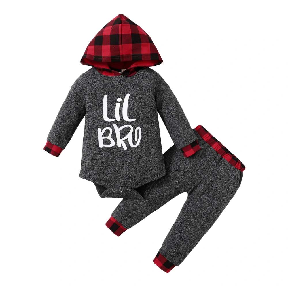 Baby Plaid Print Clothes Set, Boy Hooded Romper+Elastic Waist Trousers