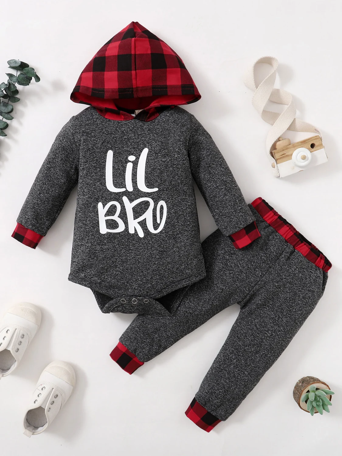 Baby Plaid Print Clothes Set, Boy Hooded Romper+Elastic Waist Trousers