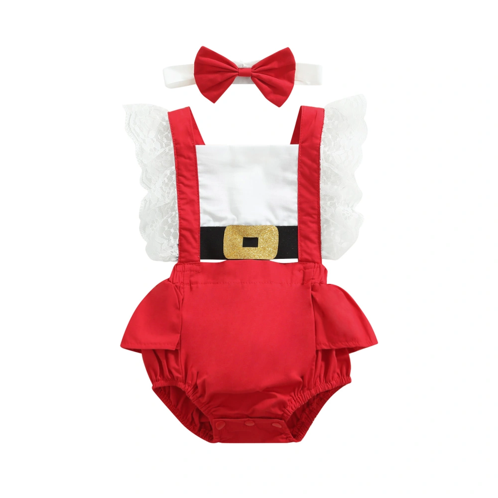 Baby Girls Romper with Headdress, Red Lace Hem Backless Overalls