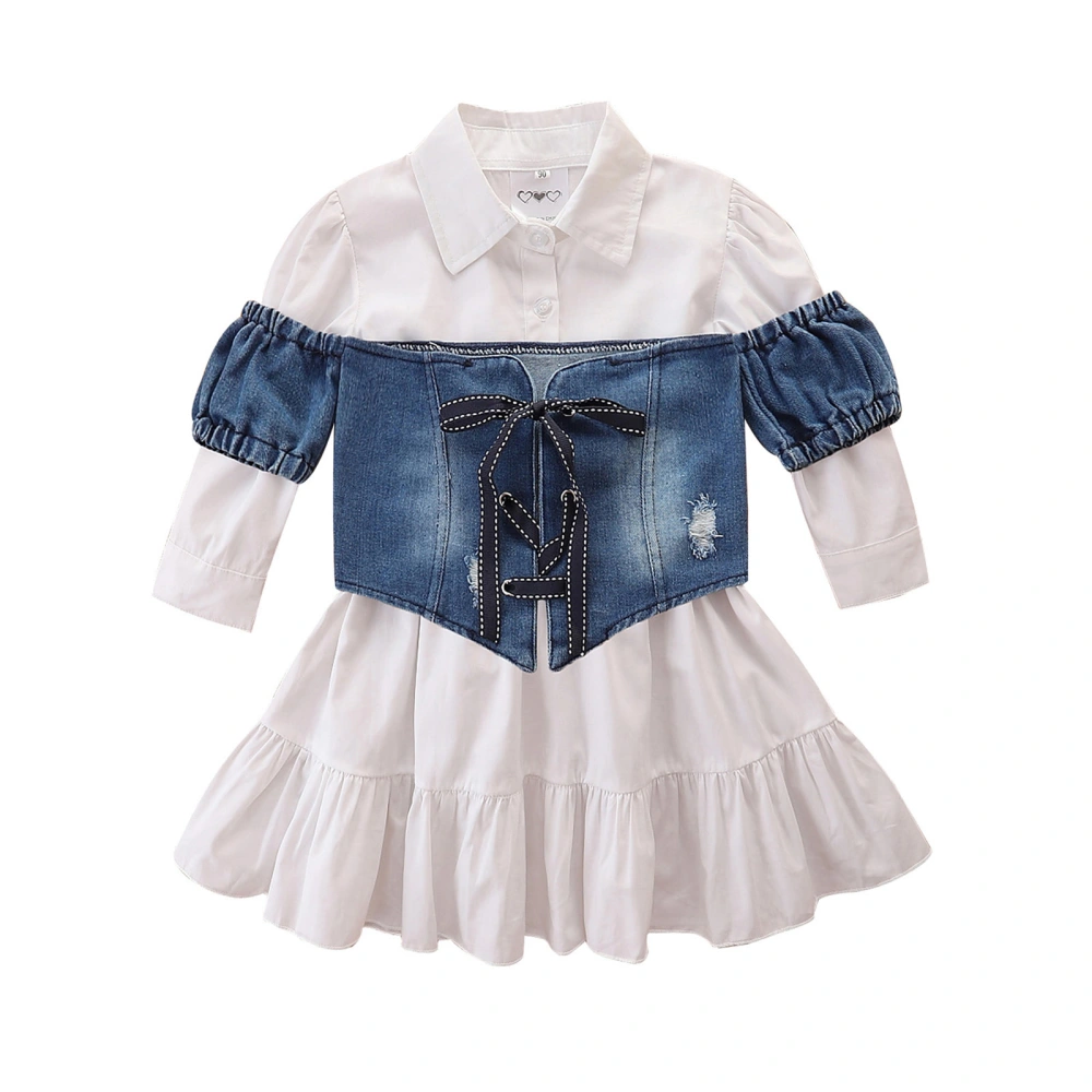 Little Girls Outfit, Flouncing Long Sleeve Shirt Dress, Denim Vest