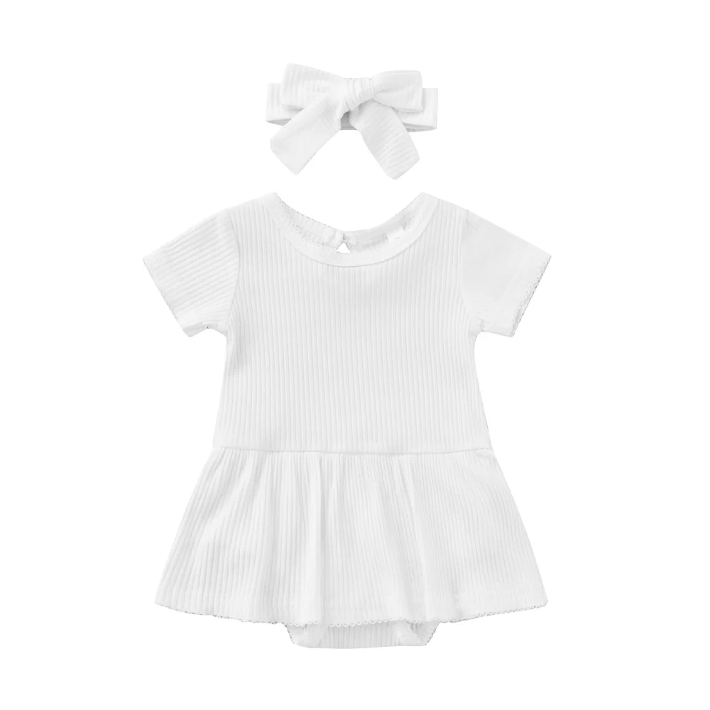 Baby Short Sleeve Romper + Bow Headband, Solid Color Clothing