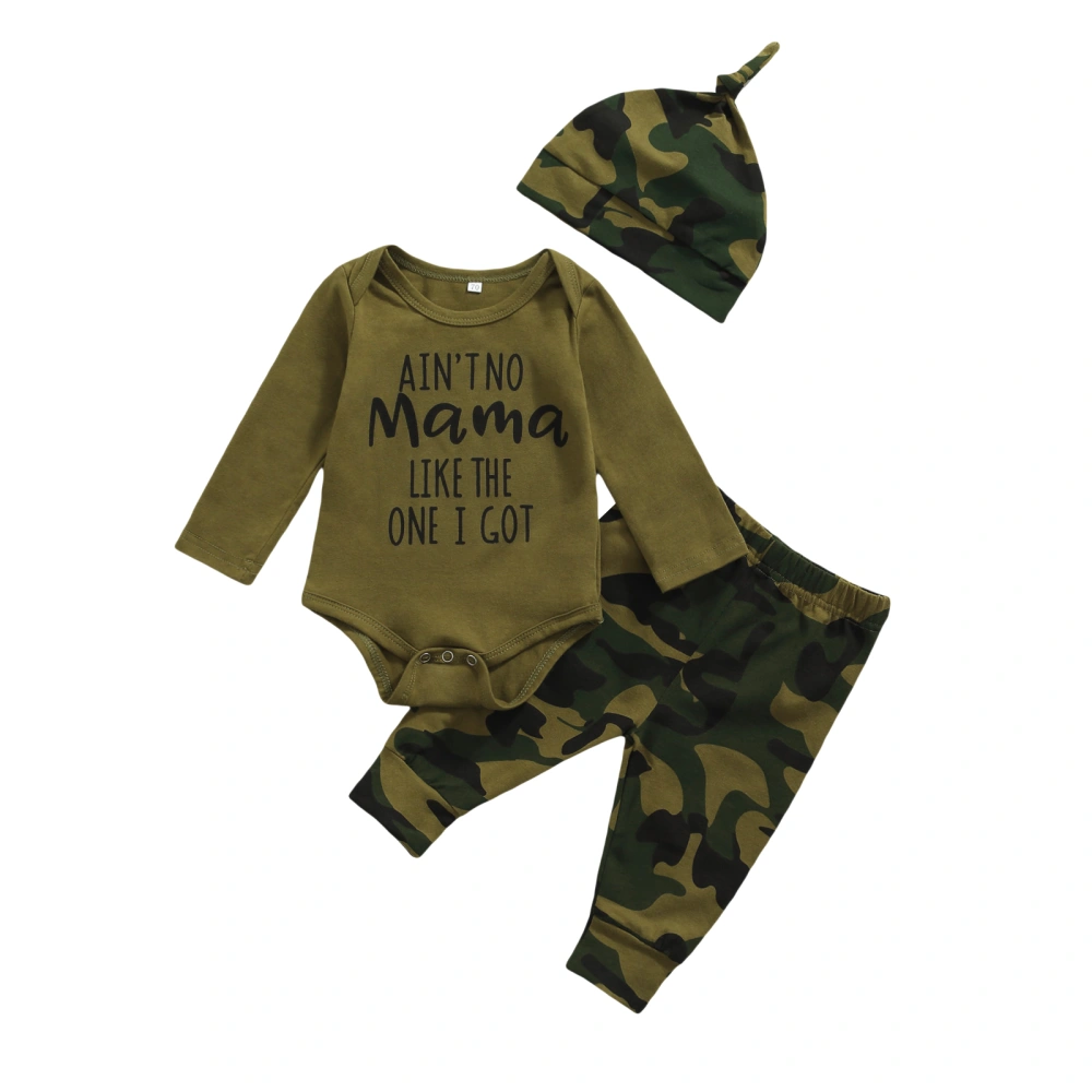 Baby Clothes Set, Letter Print Romper+Camouflage Trousers+Hat