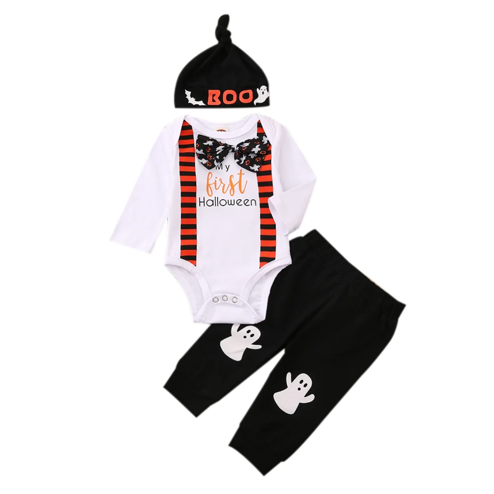 Baby Halloween Outfit, Boys Letters Rompers + Ghost Print Pants + Hat