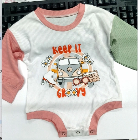 Baby Girls Romper, Long Sleeve Cartoon Car Contrast Color Bodysuit