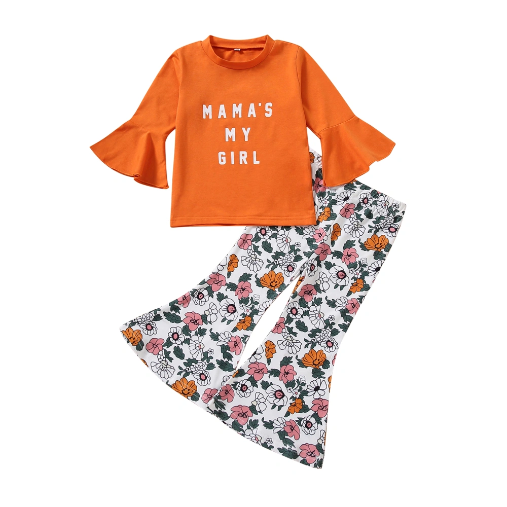 Girl’s Letter Long Sleeve Tops and Flower Print Flared Pants Set