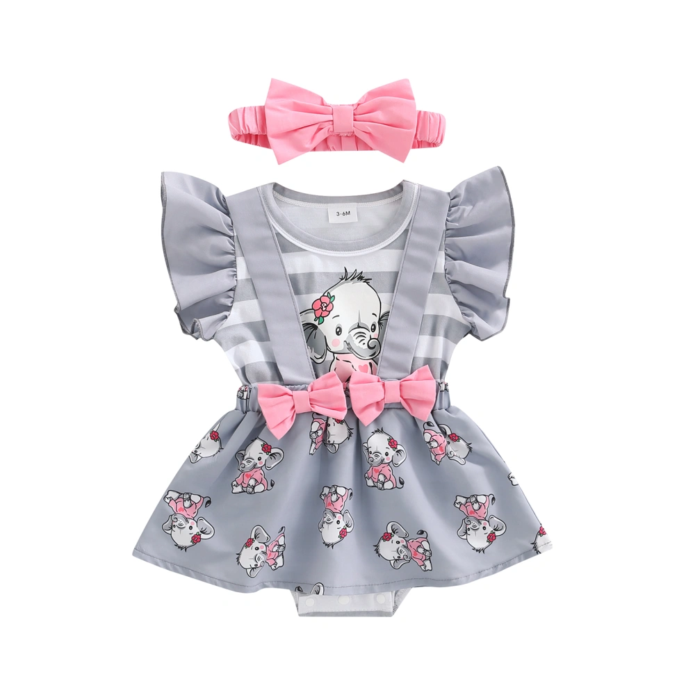 Infant Girl Romper, Fly Sleeve Cartoon Elephant Bodysuit with Headband