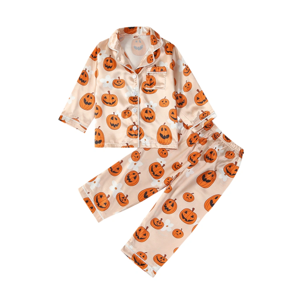 Girls Halloween Pajamas Set, Pumpkin Print Long Sleeve Tops with Pants