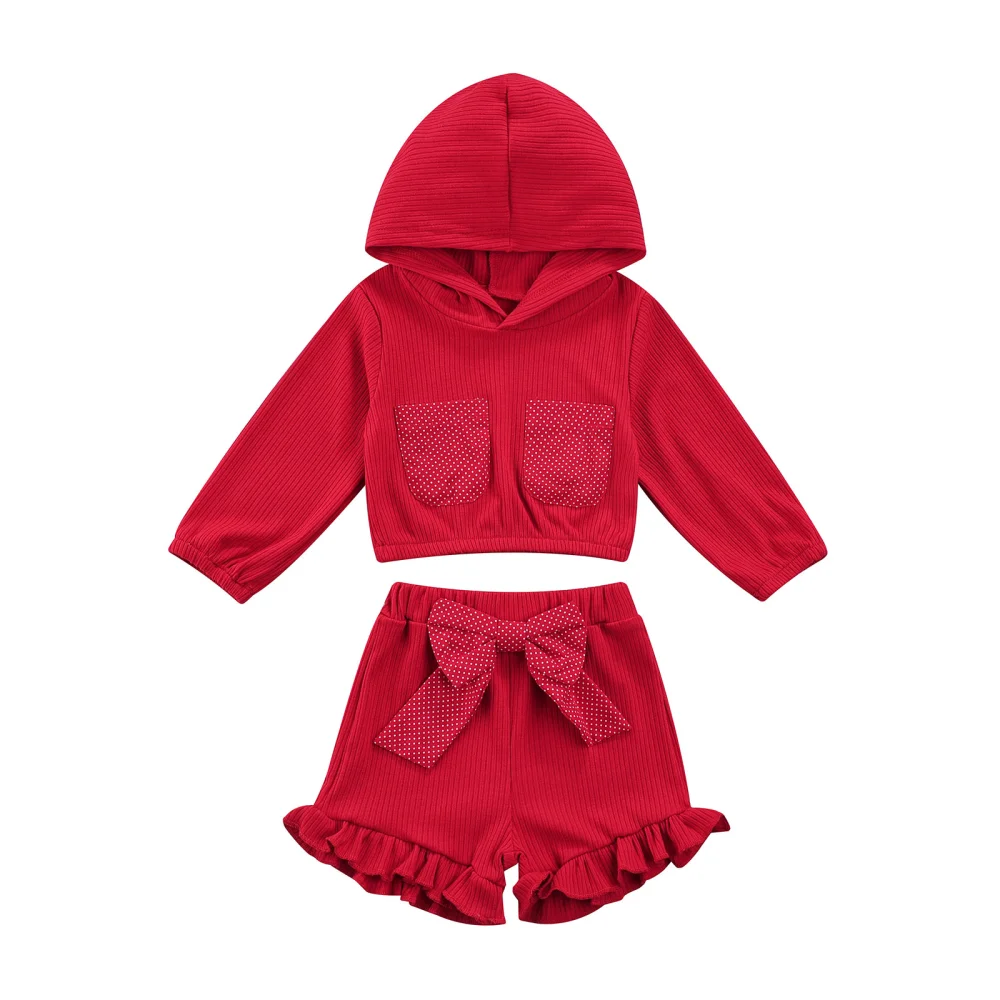 Summer Baby Girls Outfit, Long Sleeve Hooded Short Tops, Shorts