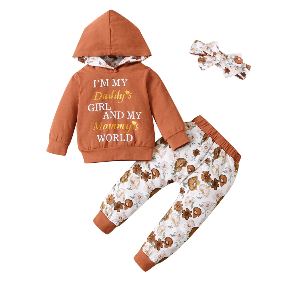 Baby Girl’s Letter Hoodies and Flower Long Pants with Headband Set