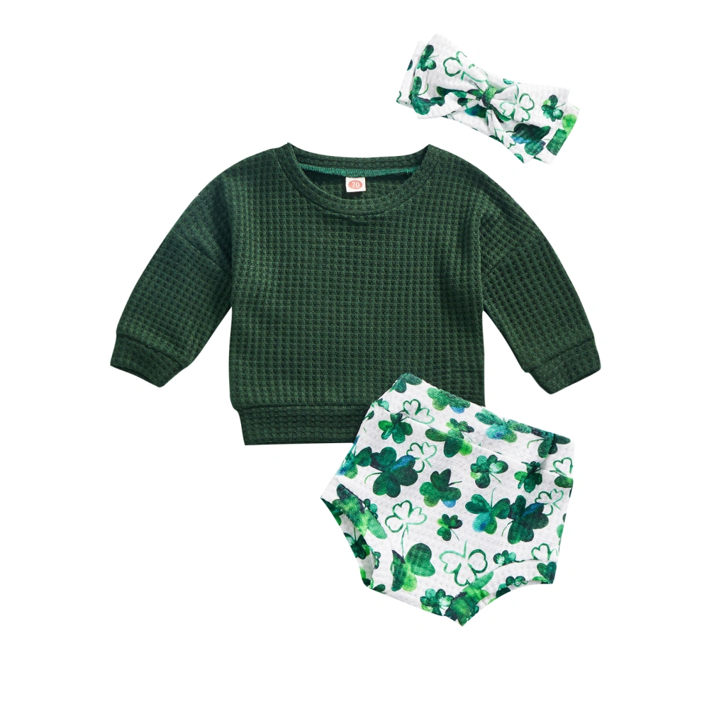 Infant Clothes Sets Solid Color Tops Four-leaf Clover Shorts Headband 