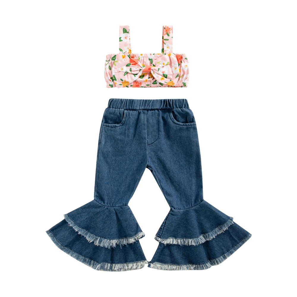 Girl's Two-Piece Suit, Flower Print Sling Tops + Pocket Flared Pants