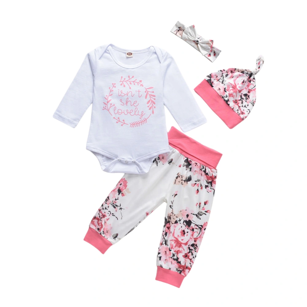 Baby Clothes Set, Letter Print Tops+Floral Print Pant+Hat+Headband