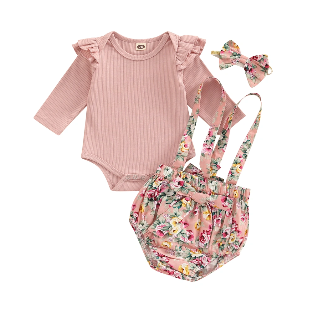 Baby Girls Ruffle Romper Shirt + Suspender Floral Shorts + Headband 