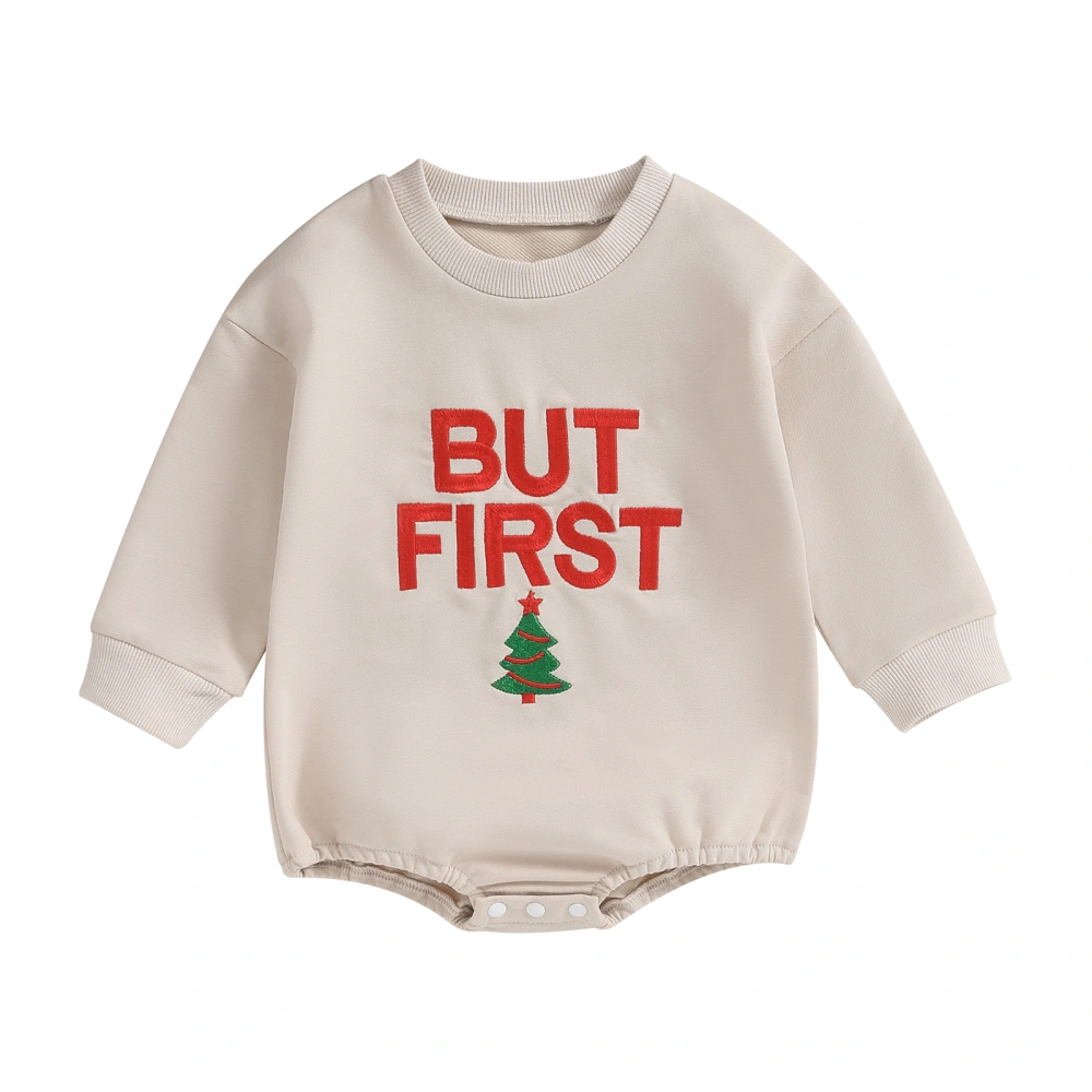 Baby Khaki Long Sleeve Letter Christmas Tree Embroidery Romper