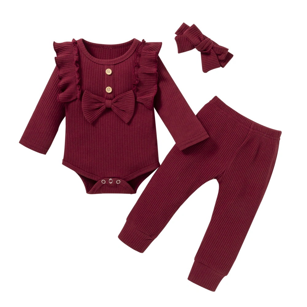 3Pcs Baby Outfits, Solid Color Long Sleeves Romper + Pants + Headband