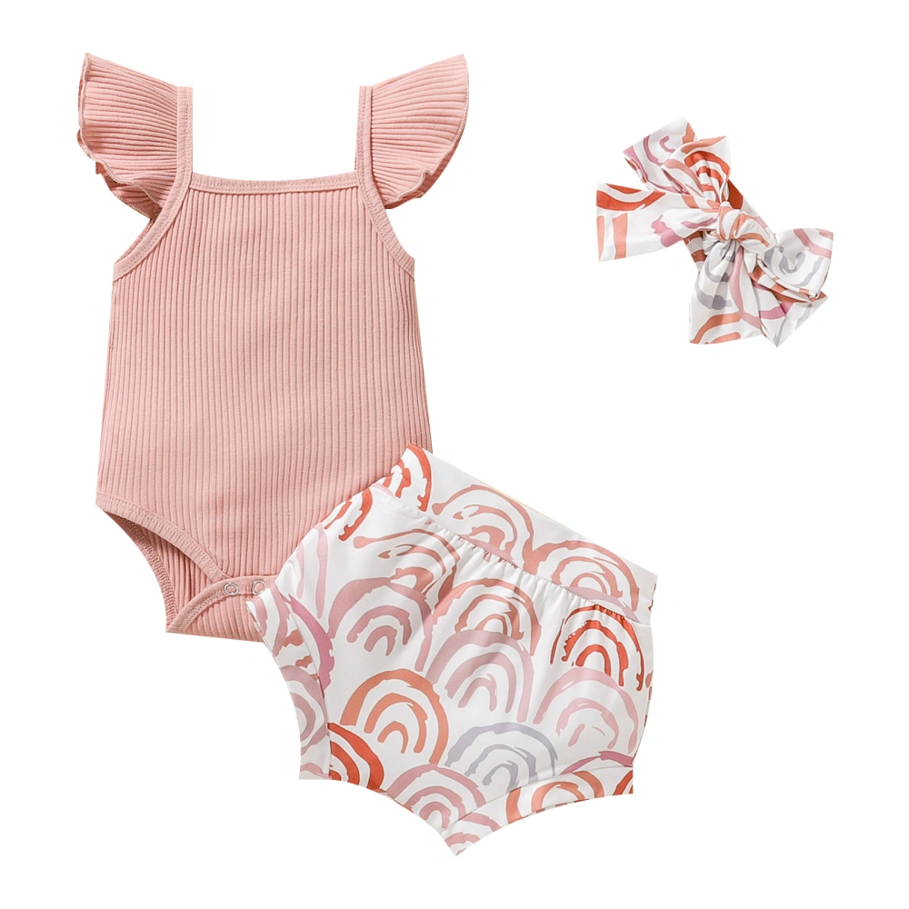 Infant Girl Outfits, Square Neck Romper + Rainbow Shorts + Headband