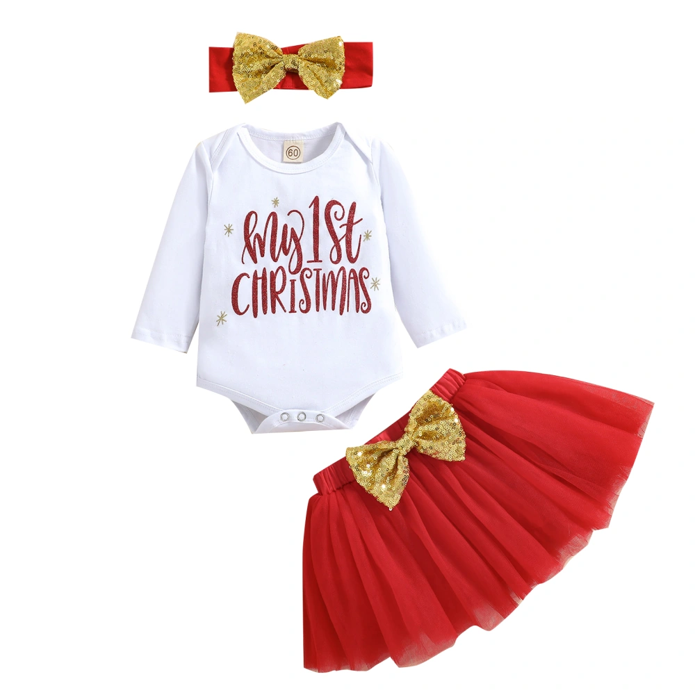 Girls Clothes Set, Letters Print Romper, Red Yarn Skirt and Headdress