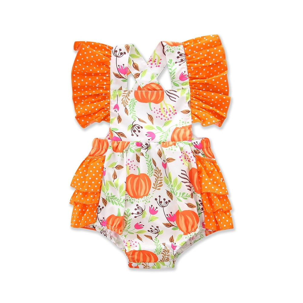 Baby Halloween Romper, Pumpkin Print Ruffle Sleeve Backless Bodysuit