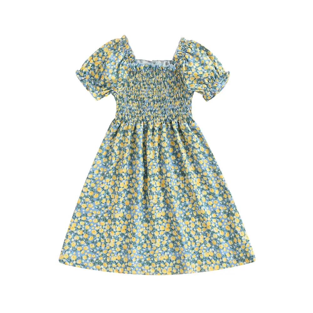 Toddler Girls Sweet Dress Ruched Flared Hem Floral Print Dresses 