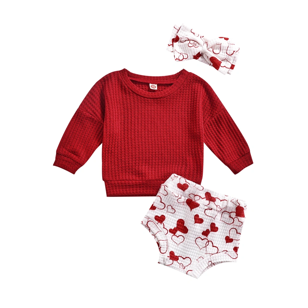 Girls Wine Red Long Sleeve Tops + Heart Print PP Shorts + Headband