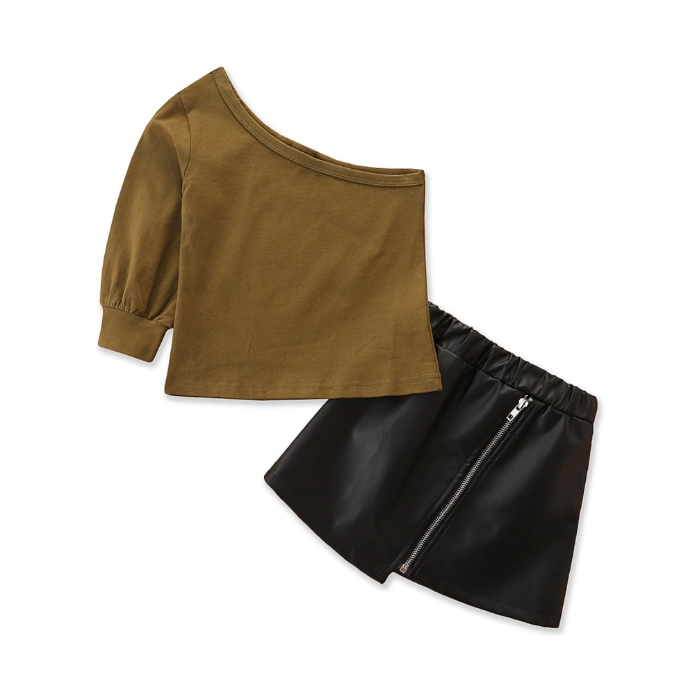 Kid Baby Girl Skirt Outfit, One Shoulder Sleeve Tops and Leather Skirt