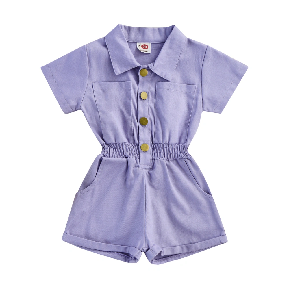 Girls Summer Playsuit, Solid Lapel Short Sleeve Button Jumpsuit Shorts