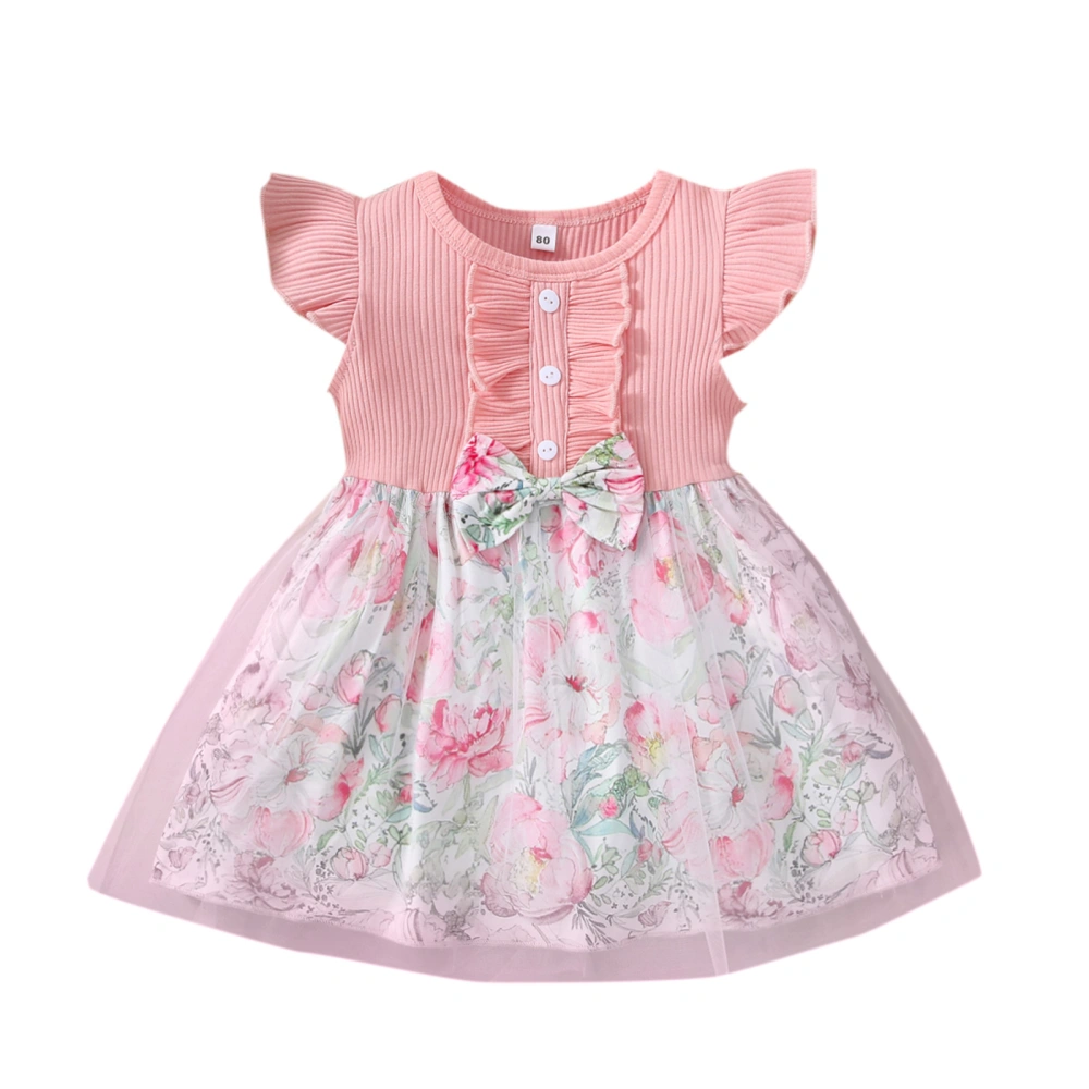 Baby Girl Bowknot Buttons Dress, O-Neck Patchwork Princess Dress 