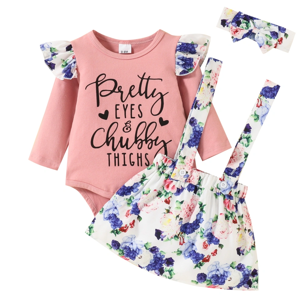 Baby Girl’s Letter Romper and Flower Suspender Skirt & Headband Set