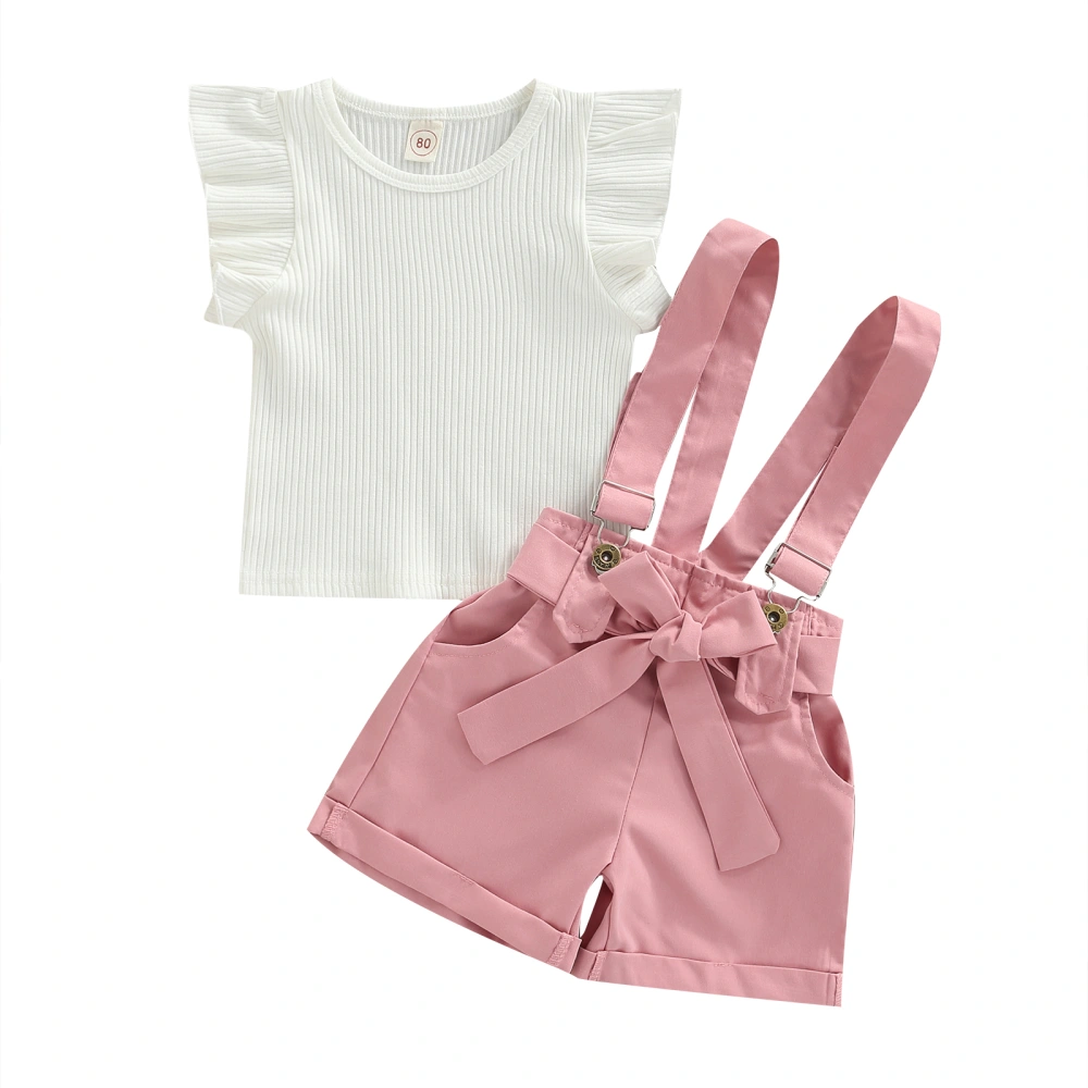 Girl Fly Sleeve Round Neck Solid Tops + Suspender Shorts with Bowknot