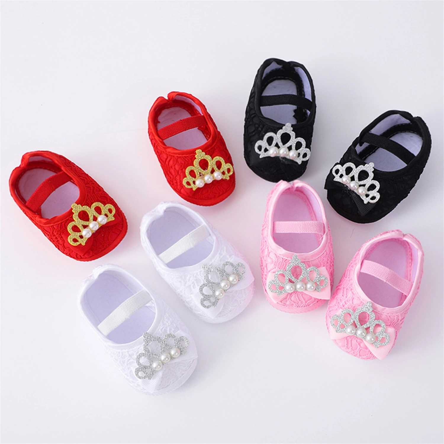 Baby Girls Flats and Headband Pearl Crown Wedding Dress Walking Shoes