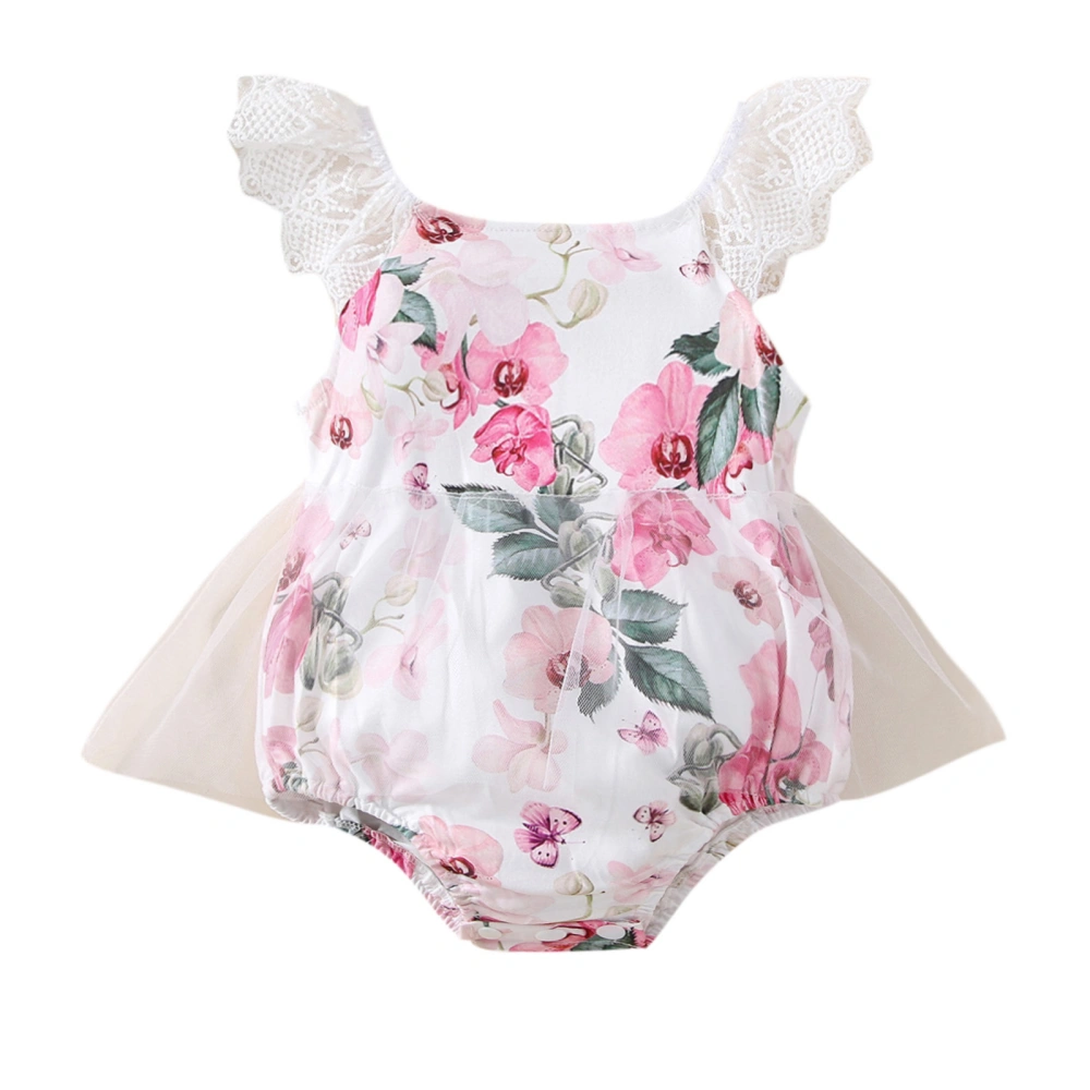 Girls Summer Lace Flying Sleeve Floral Playsuit with Mesh Decoration