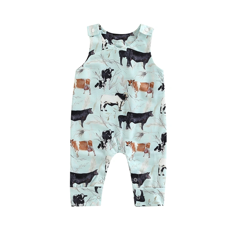 Baby Boys Summer Sleeveless Cartoon Cattle Print Loose Romper