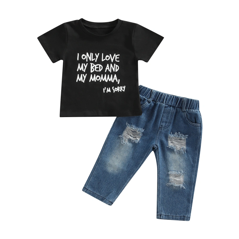 Boys 2Pcs Summer Outfits, Letter Print Tops + Ripped Denim Pants Set