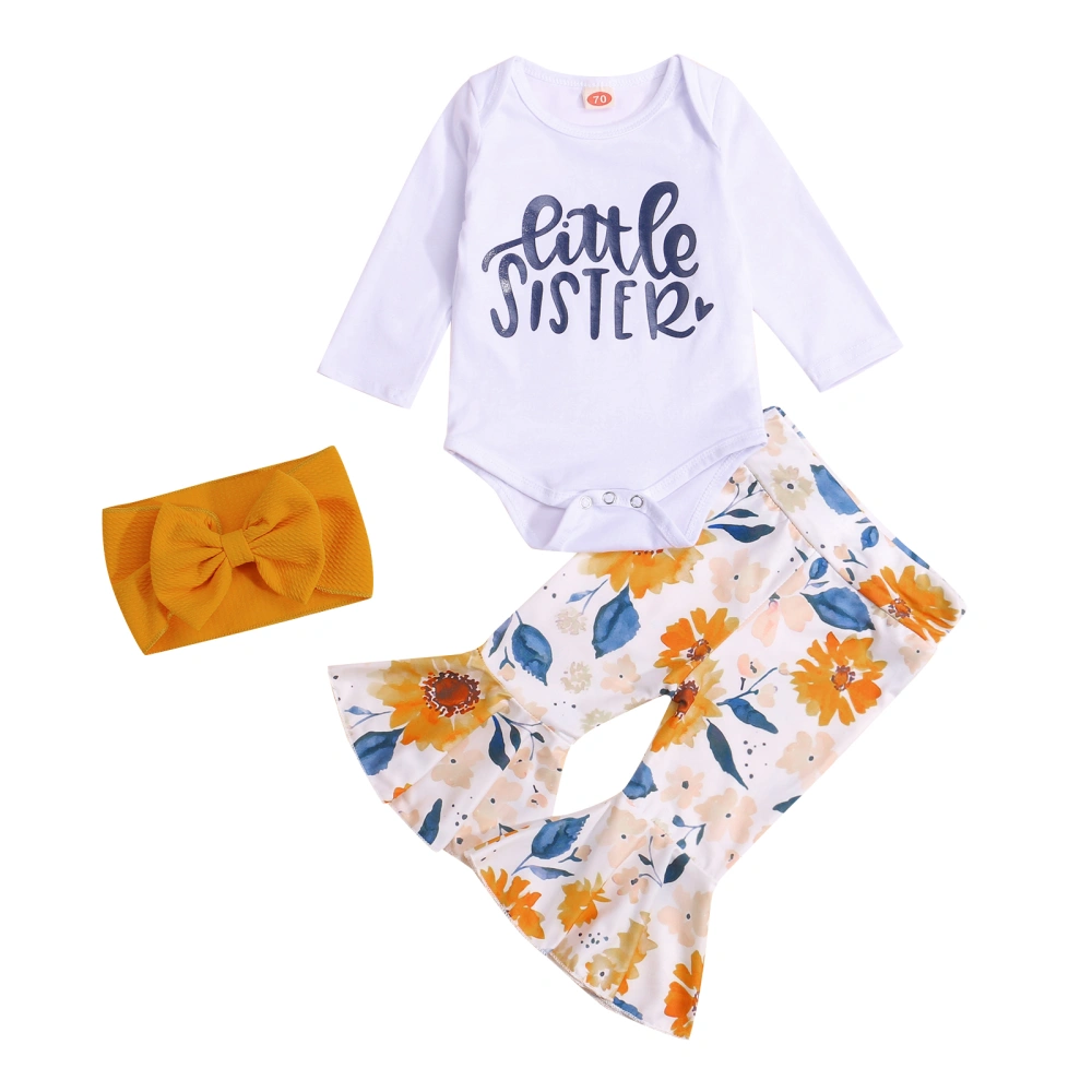 Baby Outfit, Long Sleeves Romper + Flower Flare Trousers + Headband