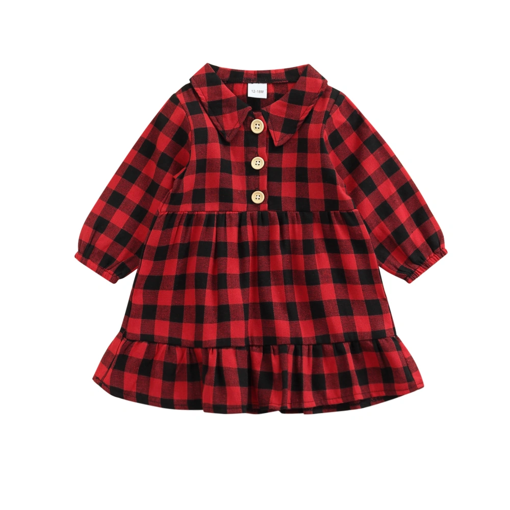 Casual Princess Dress, Plaid Print Long Sleeve Lapel Button One-piece