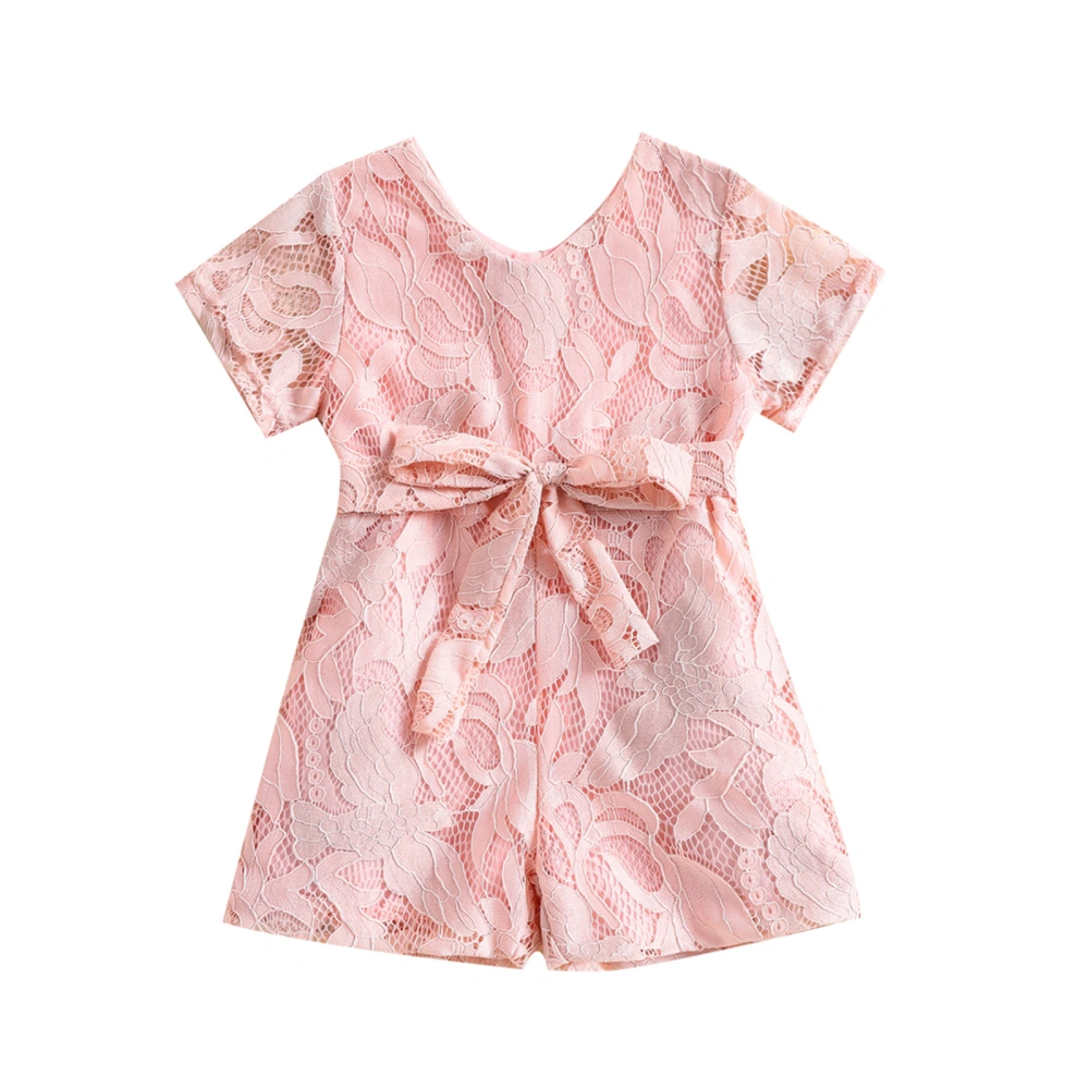 Baby Girls Short Sleeve Lace Short Jumpsuit One-Piece with Belt