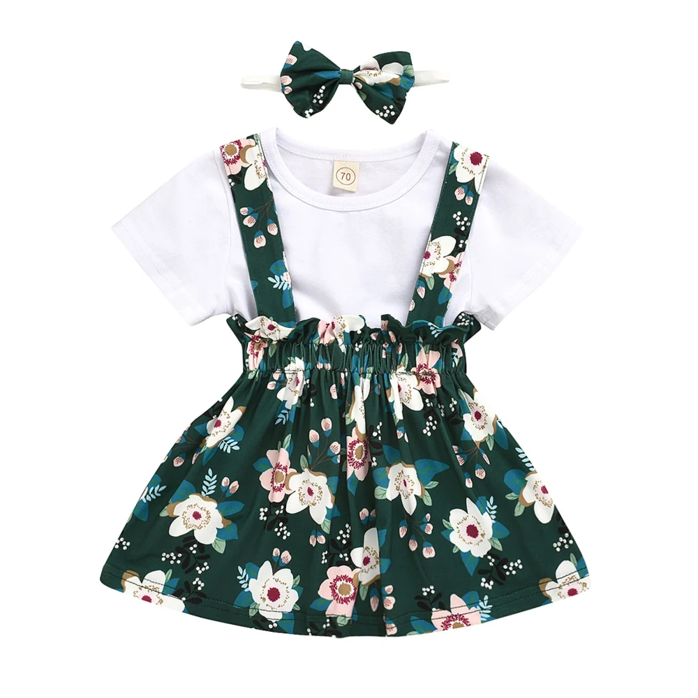 Baby Short Sleeve Tops + Suspender Skirt + Bow Headband Sweet Clothing