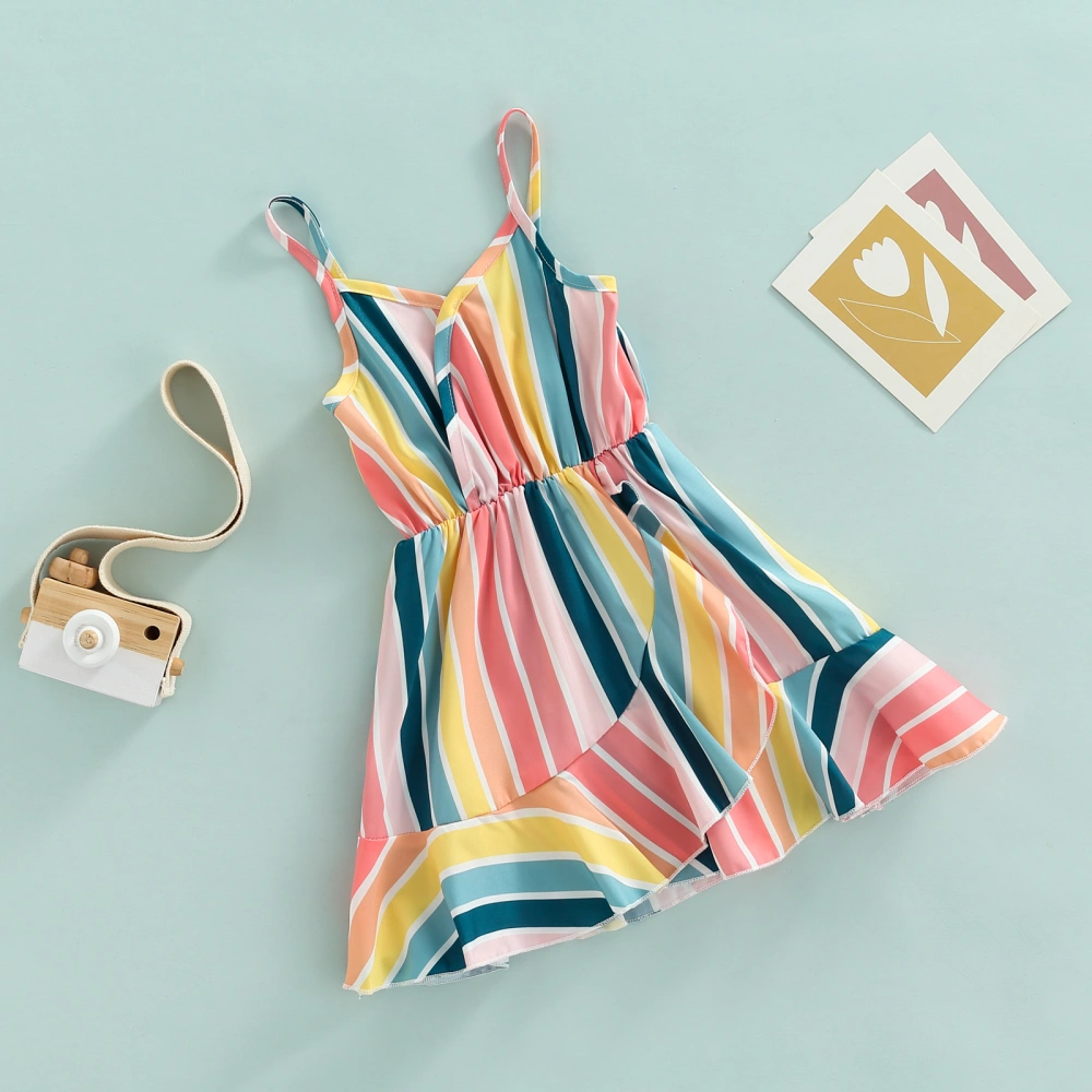 Kid Girls Dress, Sling Contrast Color Vertical Stripe Ruffle Dresses