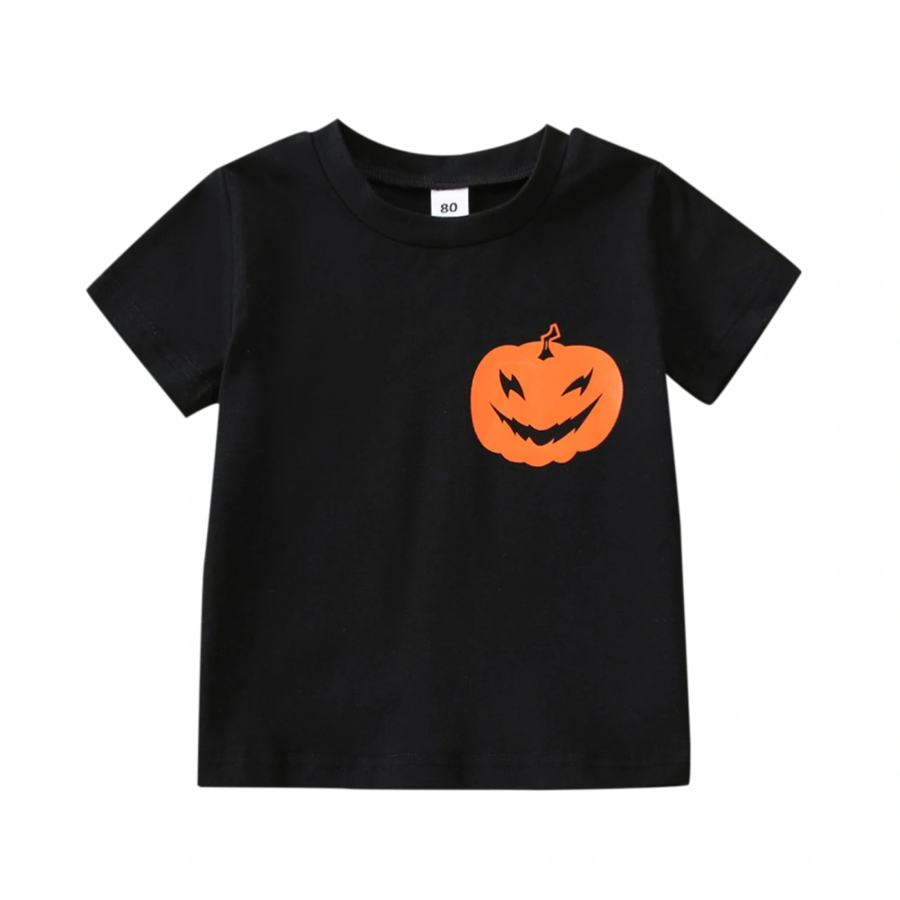 Kids Halloween T-shirt, Black Pumpkin Print Short Sleeve Summer Tops