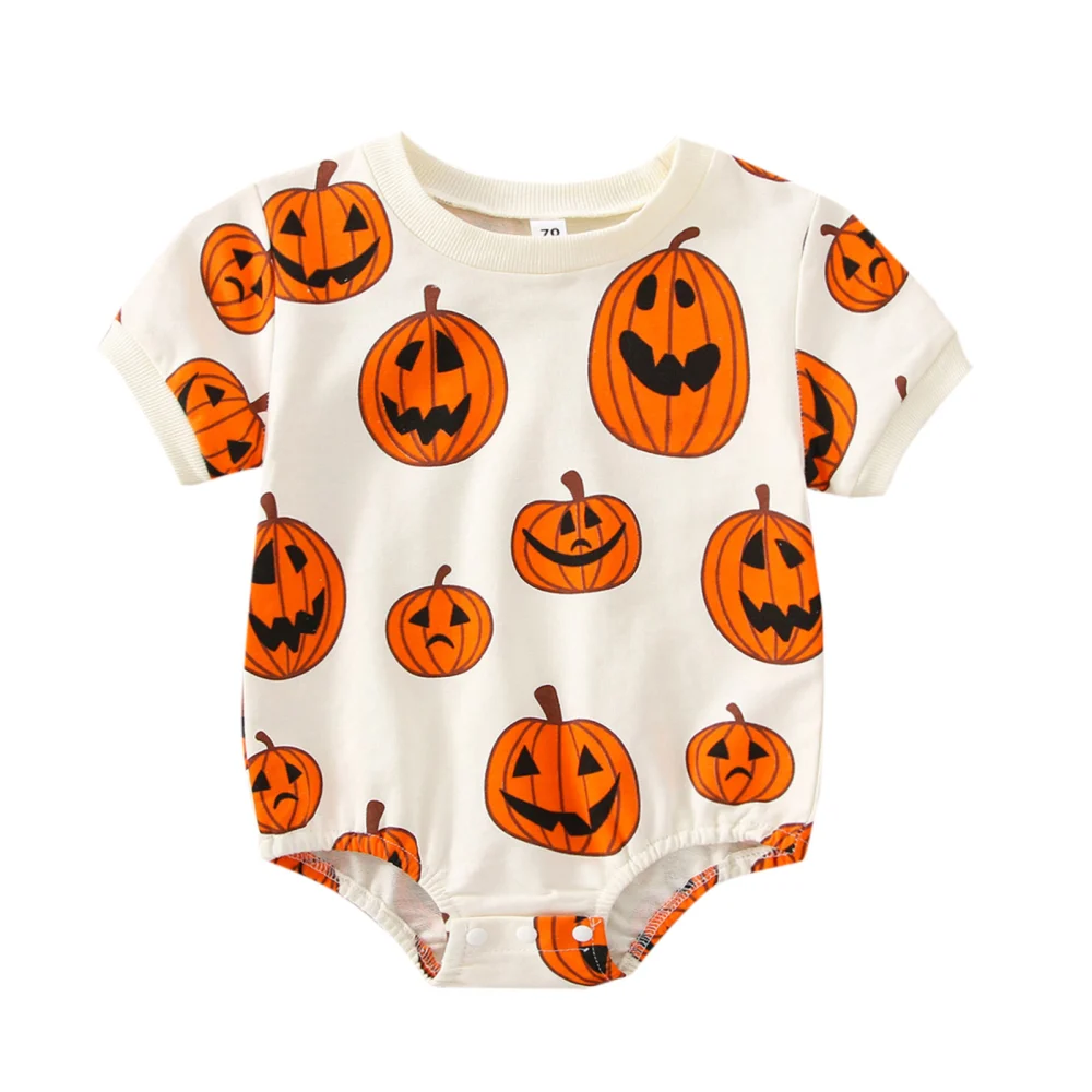 Baby Halloween Romper, Short Sleeve Pumpkin Printed Bodysuit