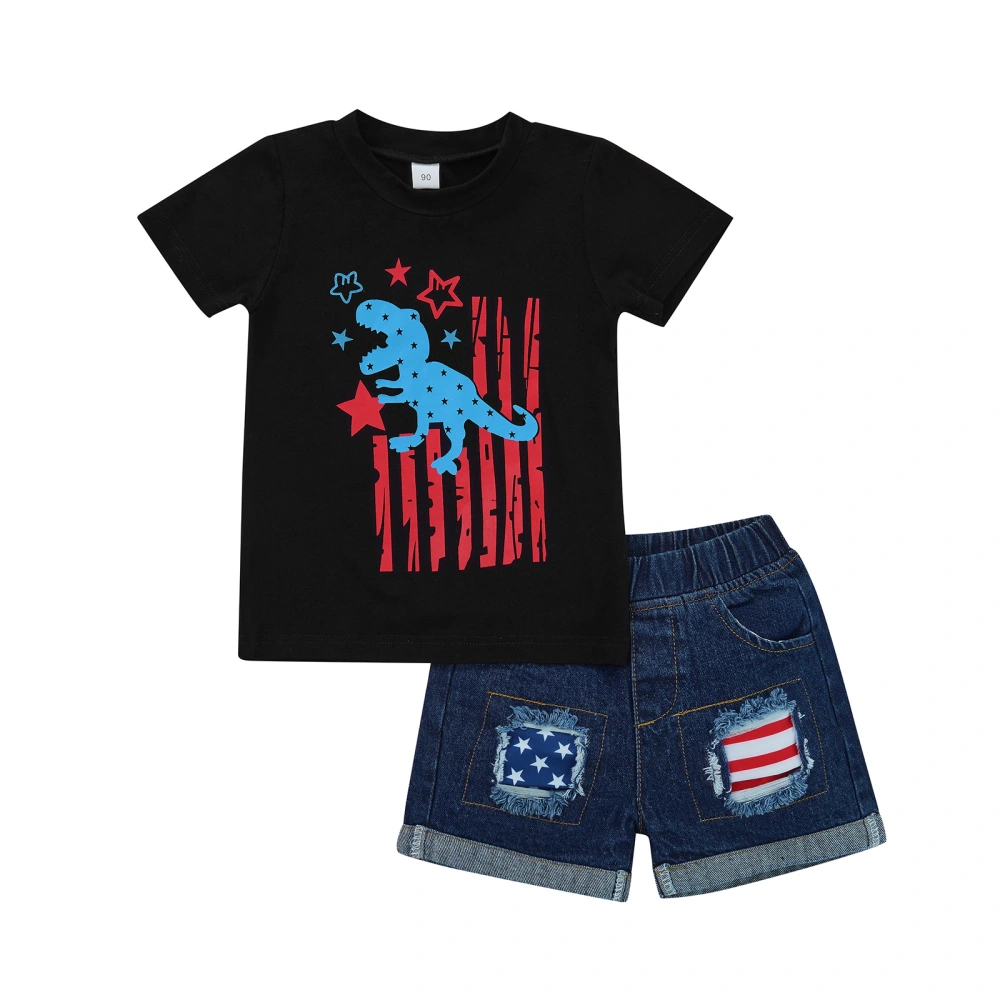 Boys Shorts Set Dinosaur Striped Tops+ Rags Stitching Denim Shorts