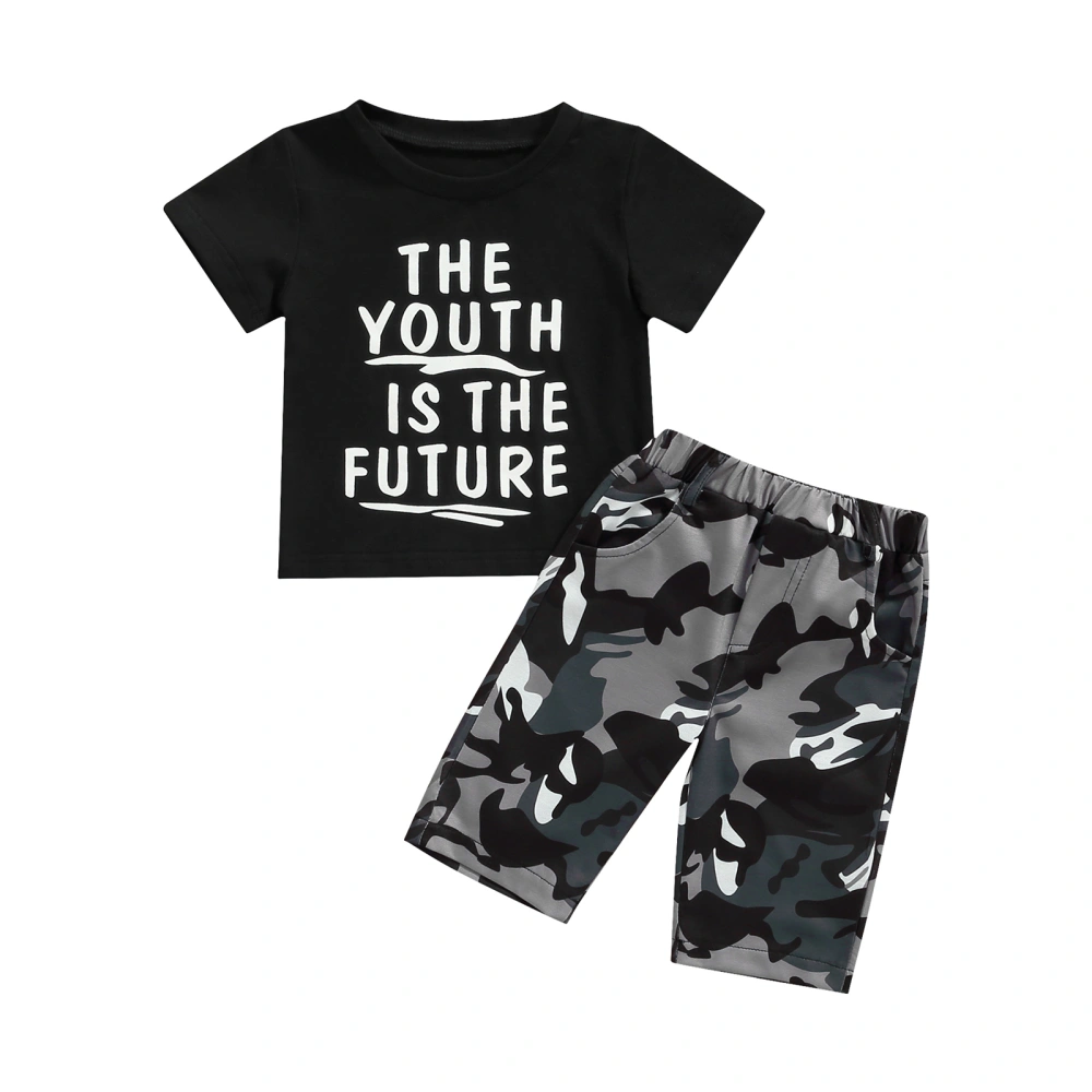 Boys Black Round Neck T-shirt and Camouflage Print Capri Pants