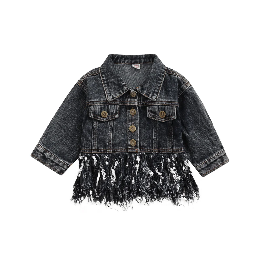 Kid Girl Denim Coat Long Sleeve Lapel Buttons Cardigan Tassel Tops