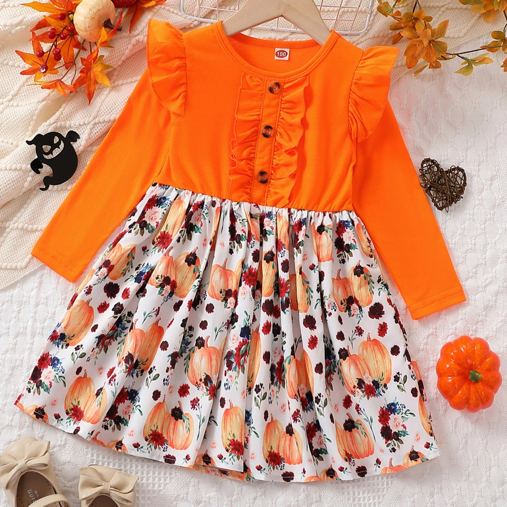 Kids Girls Dress Halloween Clothes Pumpkin Flower Print Dress