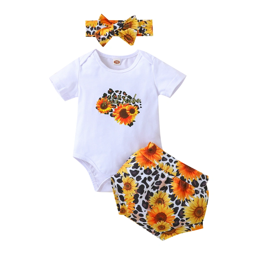 Baby Girl’s Short Sleeve Romper and Sunflower Shorts with Headband Set